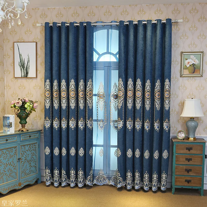 Royal European chenille Window Drapes for Villas Blue Luxury Embroidery Blackout Curtains Living Room Bedroom X-M209#30 | Дом и сад