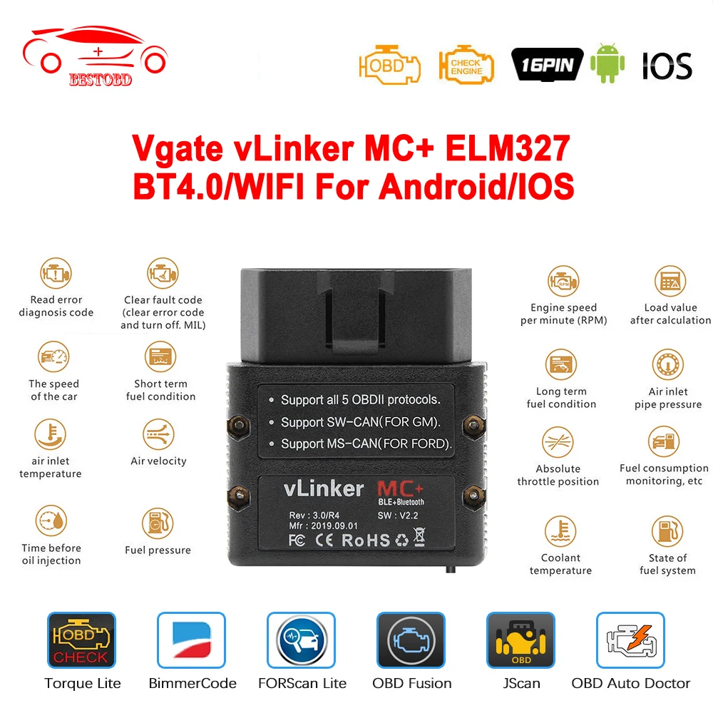 Сканер Vgate vLinker MC + ELM327 WIFI OBD2 ELM 327 V2.2 OBD 2 BT4.0-беспроводной автомобильный