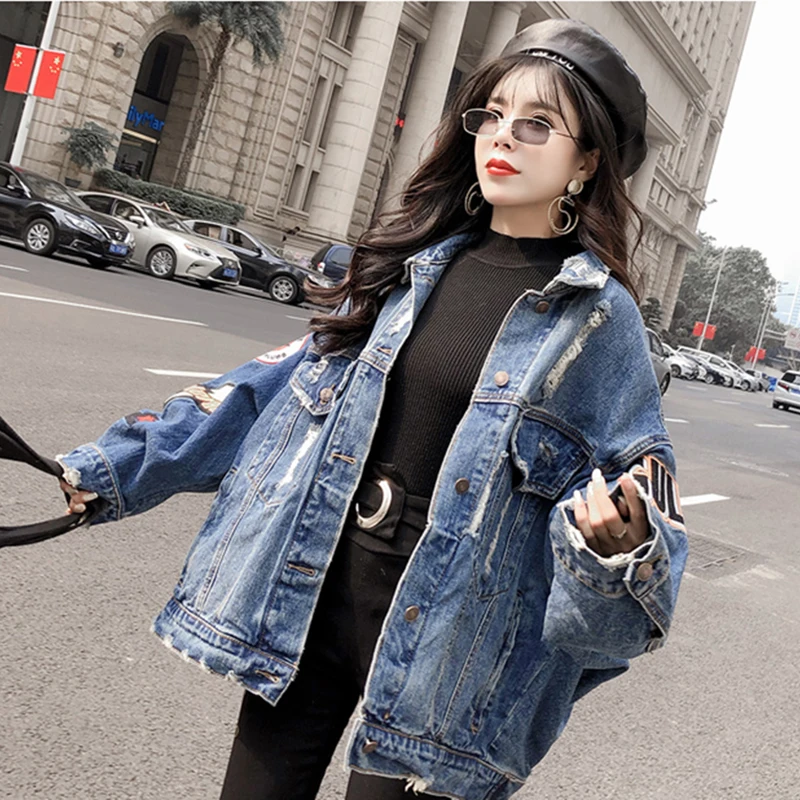 Прямая поставка BF Harajuk Свободная джинсовая куртка женская с вышивкой в стиле