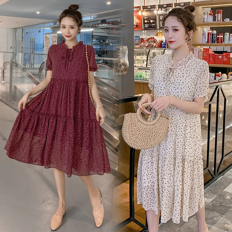 

2205# 2021 Summer Korean Fashion Maternity Long Dress Sweet Floral Print Chiffon Clothes for Pregnant Women Loose Pregnancy