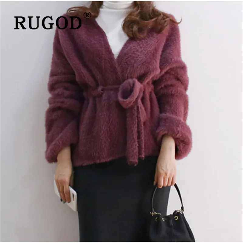 RUGOD Fuzzy Cardigan Belt Collect Waist Sweater Womens Sweaters 2019 Winter Tops For Women Knitwear Fashion Kpop Clothes |