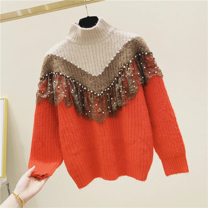 Mixed Color Autumn Winter Women Sweaters And Pullovers Bead Long Sleeve Knitted Sweater Pullover Female Mesh Patch Loose Jumpers | Женская