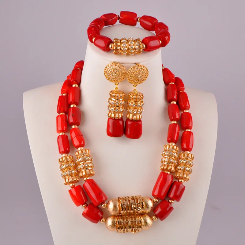 

Комплект ювелирных изделий, колье и бусы из красного коралла в нигерийском стиле, свадебные, C21-34-03