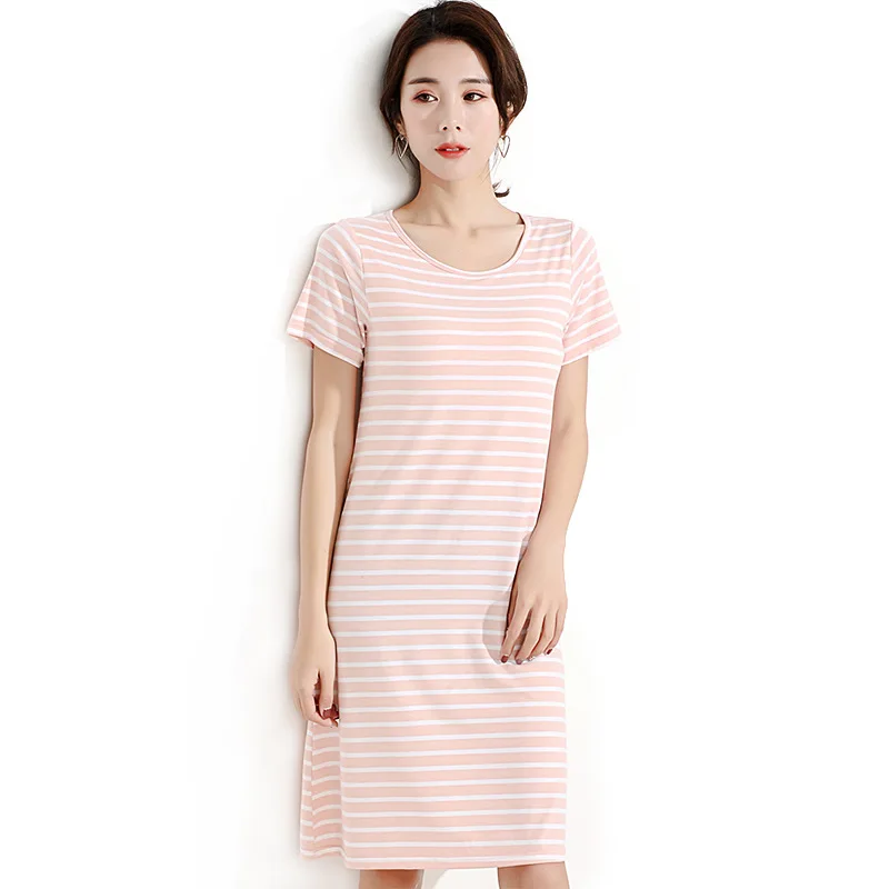 

Spring and Summer Women's Nightdress Modal Short-sleeved Striped Chest Pad Sleep Tops Sexy Nightwear Sleepwear Women Night Gown