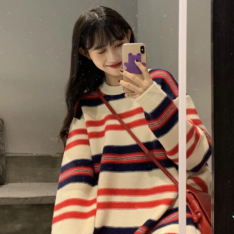 

2019 autumn and winter korean style loose Knitted Sweater female oversized Stripe sweaters and pullovers womens (C9341)
