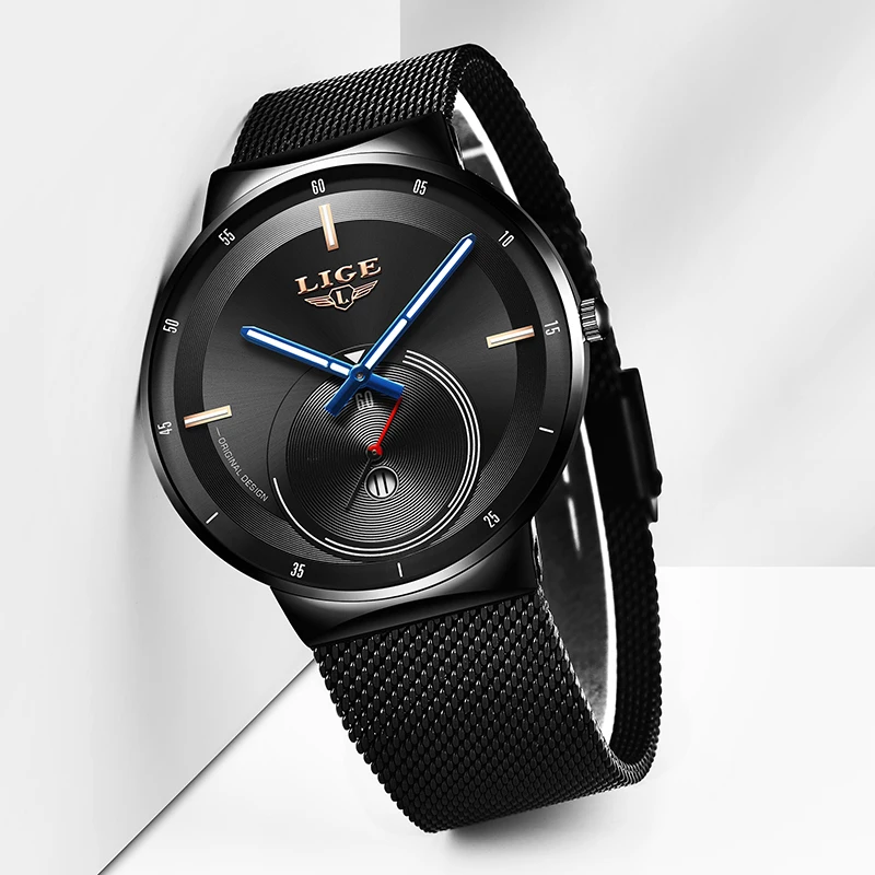 LIGE мужские часы новинка 2019 модные повседневные черные кварцевые уникальный