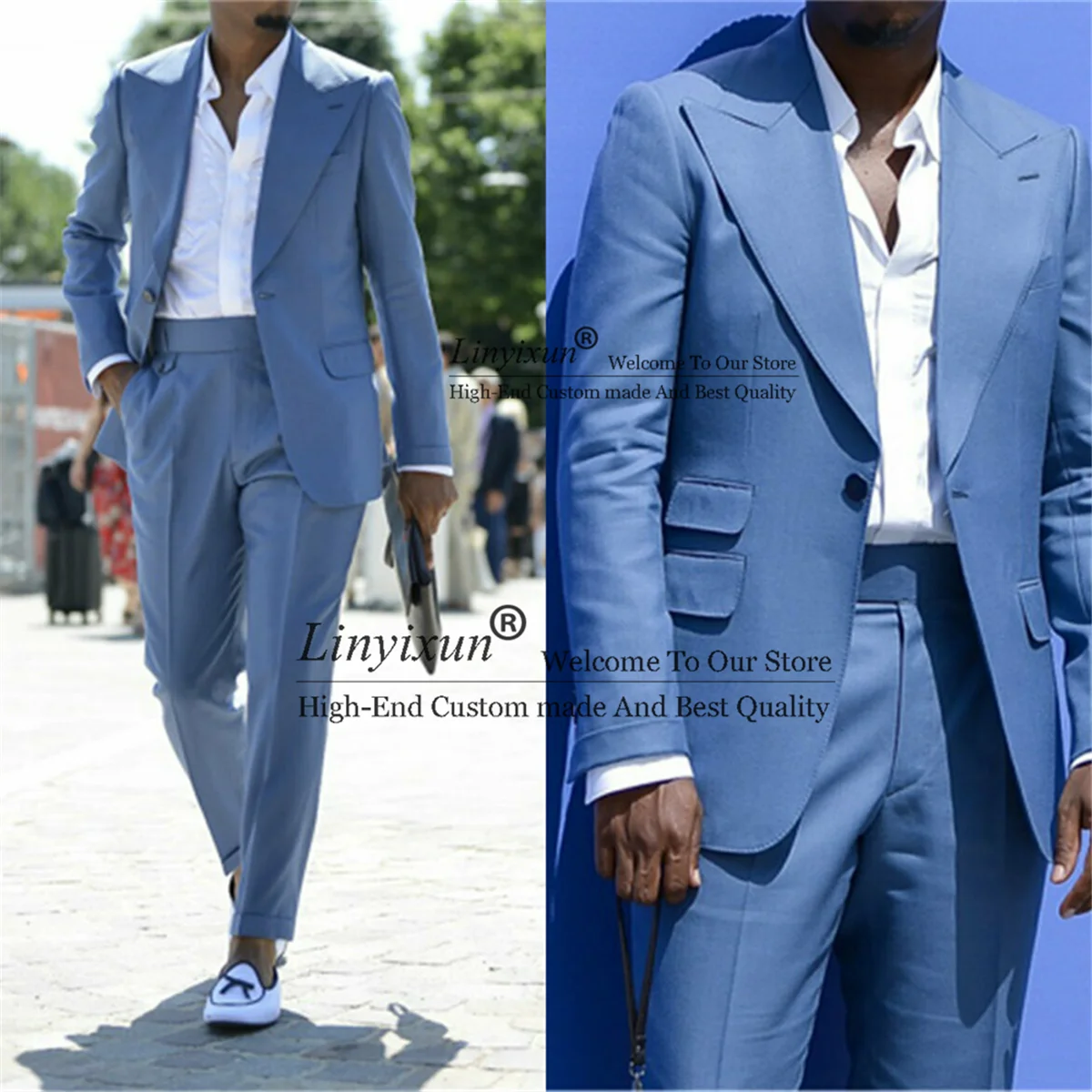

Новый Современный дизайнерский синий пиджак с вырезом из 2 предметов с брюками индивидуальный пошив приталенный деловой блейзер для вечери...