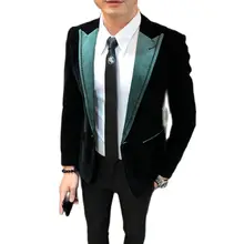 Blazer negro de terciopelo de lujo a medida para hombre, Blazer de un solo botón con solapa de Pico Verde, corte ajustado, ropa de fiesta de banquete de estilo británico, última moda (3)