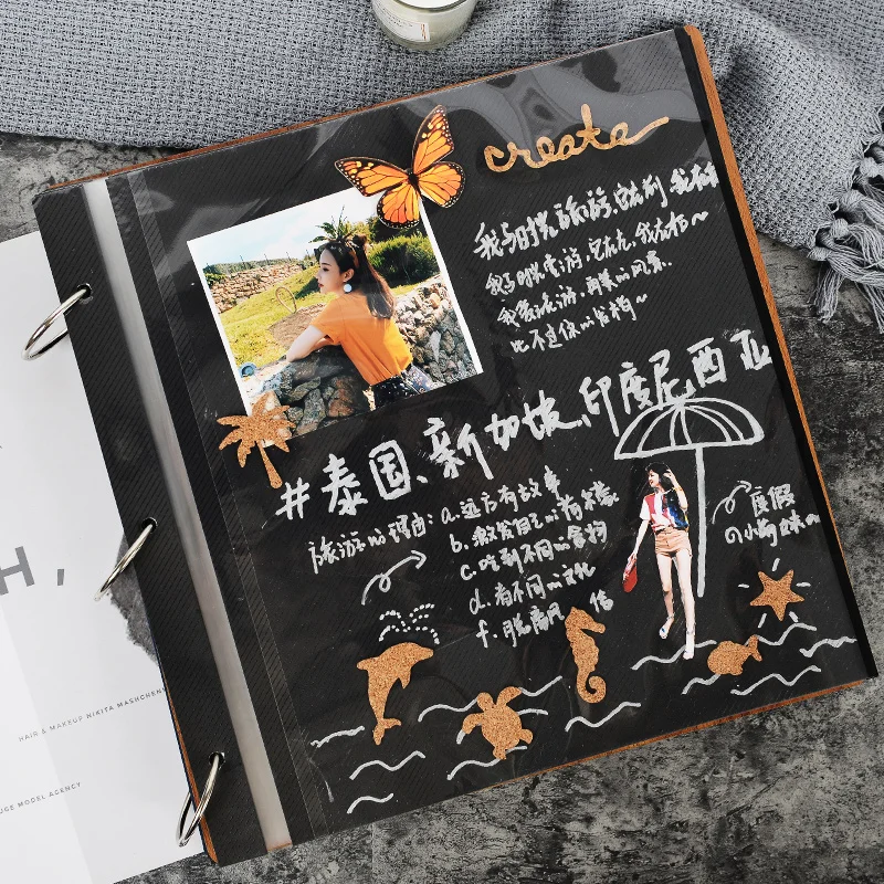 PA3 DIY Ручная деревянная полая Обложка черные листы альбом-паста творческий