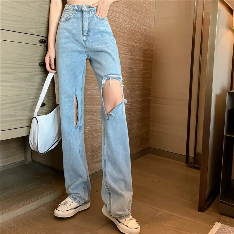 

Womens Loose Fit Jeans Ripped Streetwear For Women High Waist Blue Wash Cotton Vintage Denim Trousers Straight Jean Hole Pants
