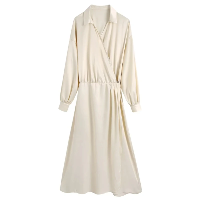 

Платье женское атласное средней длины с запахом и V-образным вырезом