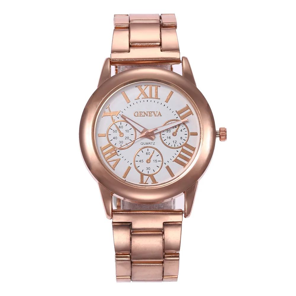 

2021 Popular Three Eyes and Six Needles Roman Scale Geneva Watch Women's Rose Gold Steel Belt Quartz Watch