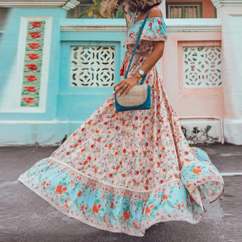 

Богемные платья для женщин, платья 2022, летнее пляжное платье с принтом, сексуальное Вечерние нное вечернее платье с открытыми плечами для же...