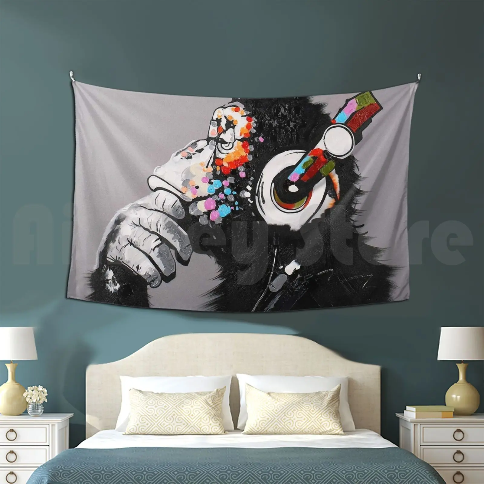 

Dj Monkey With Headphones Thinking Tapestry Living Room Bedroom Street Art Pop Culture Graffiti Stencil Spray Paint