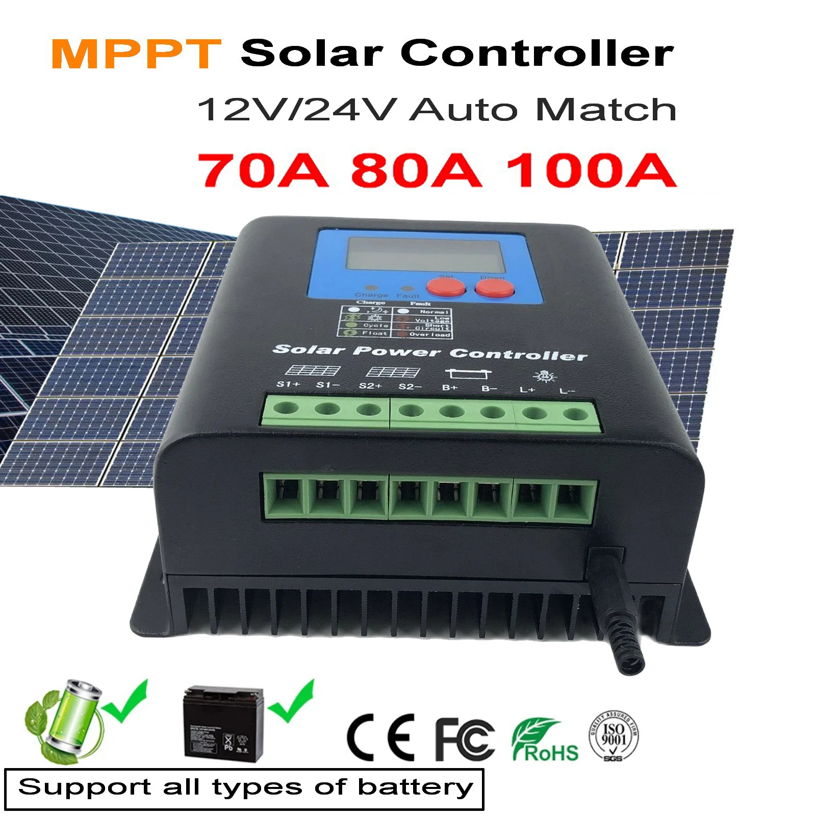 

Контроллер заряда солнечной батареи MPPT 70A 80A 100A 12В 24В 36В 48В, контроллеры mppt, ЖК-выход, регулятор солнечной панели PV
