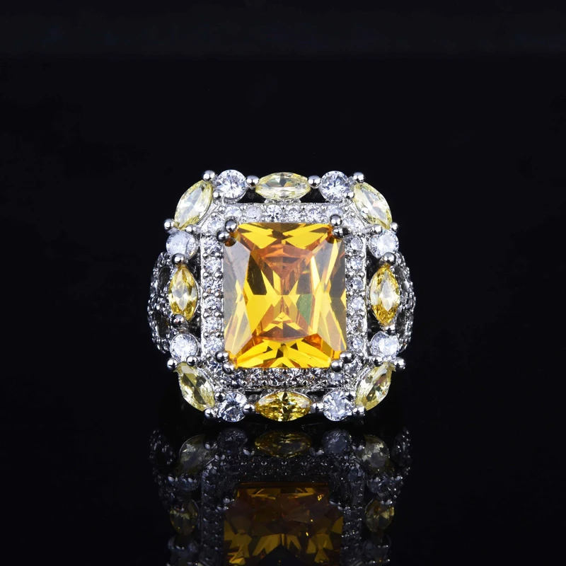 

925 Silver Luxury Square Rings Inlay Yellow Cubic Zirconia Fashion Vintage Ring For Women Wedding Engagement Anniversary Gift