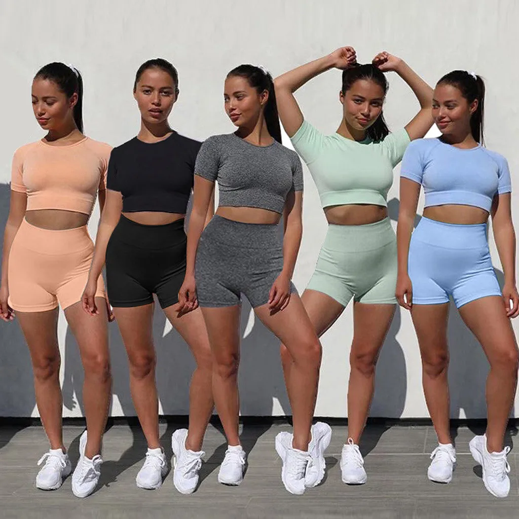 

2021 Two Piece Set Sexy Women Crop Tops Biker Shorts Solid Color Elastic Summer Short Sleeve Clothes Women Sports Fitness Set