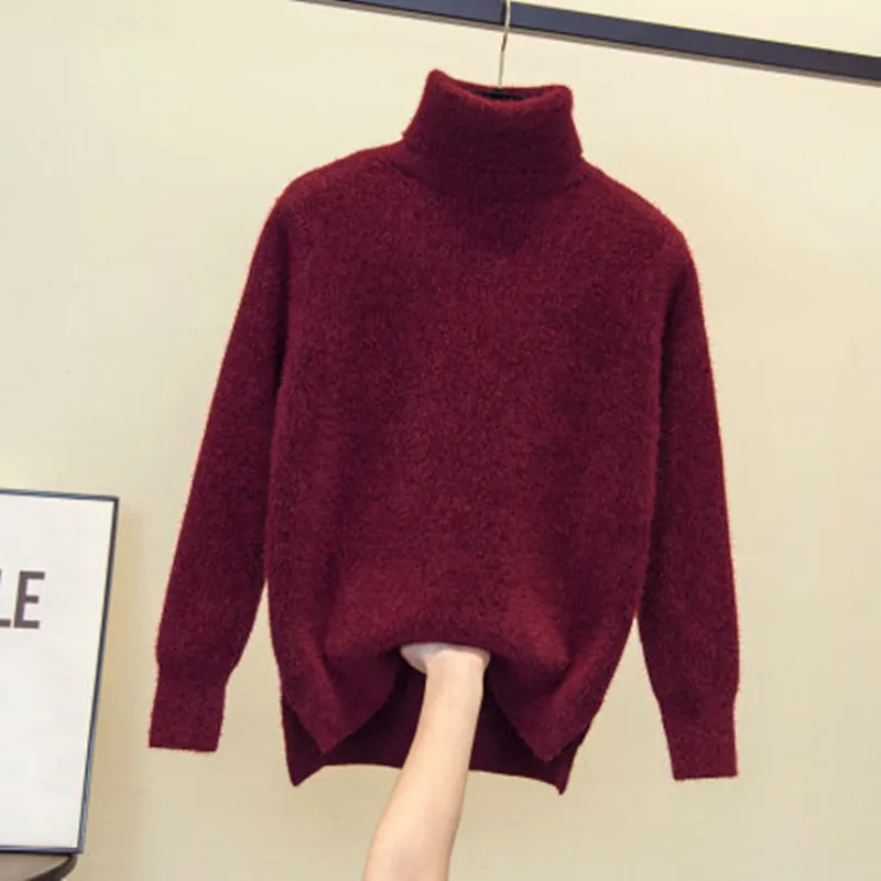 Свитер женский из шерсти норки с высоким воротником на осень и зиму | Женская