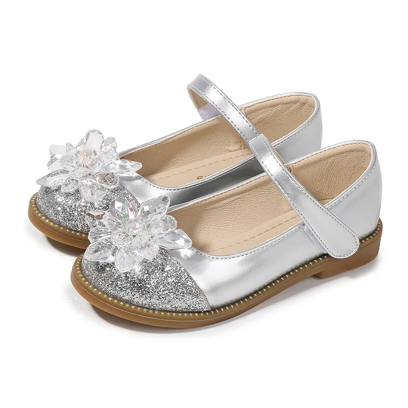 

Кожаные туфли для девочек, Новинка осени 2019, туфли с закрытым носком и мягкой подошвой для принцесс, обувь на плоской подошве со стразами для...