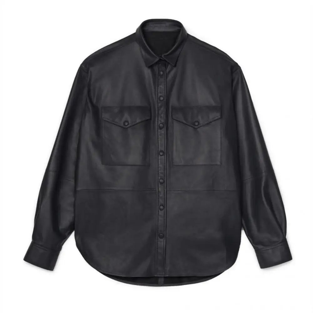 Женская рубашка из искусственной кожи однобортная блузка с отложным воротником