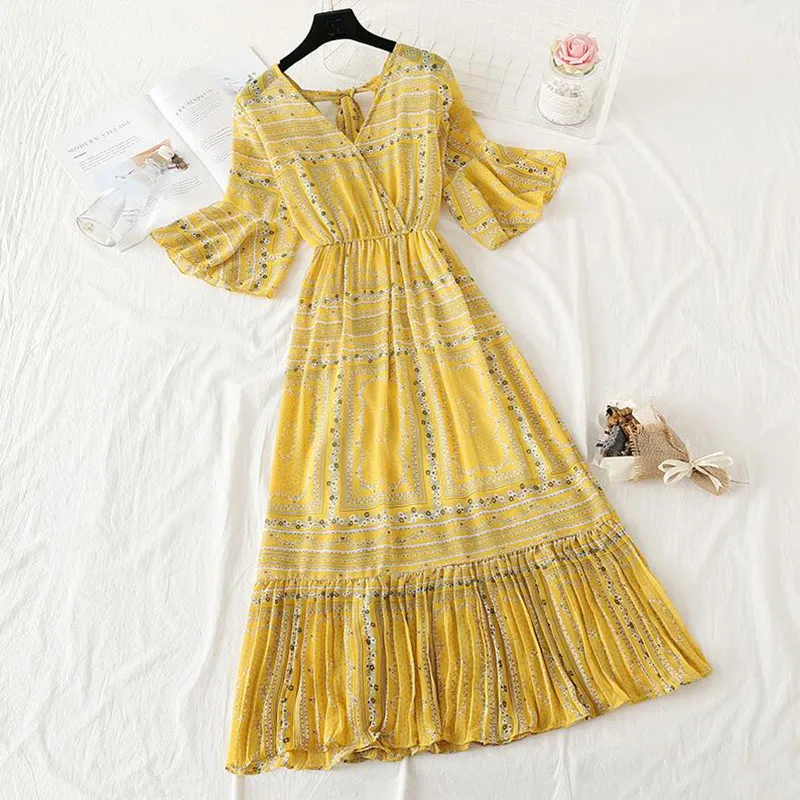 Женское винтажное платье миди с цветочным принтом коротким рукавом и оборками