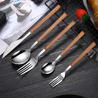 stainless steel western retro tableware wooden handle fork spoon knife dessert fruit steak flatware kitchen dinnerware tools