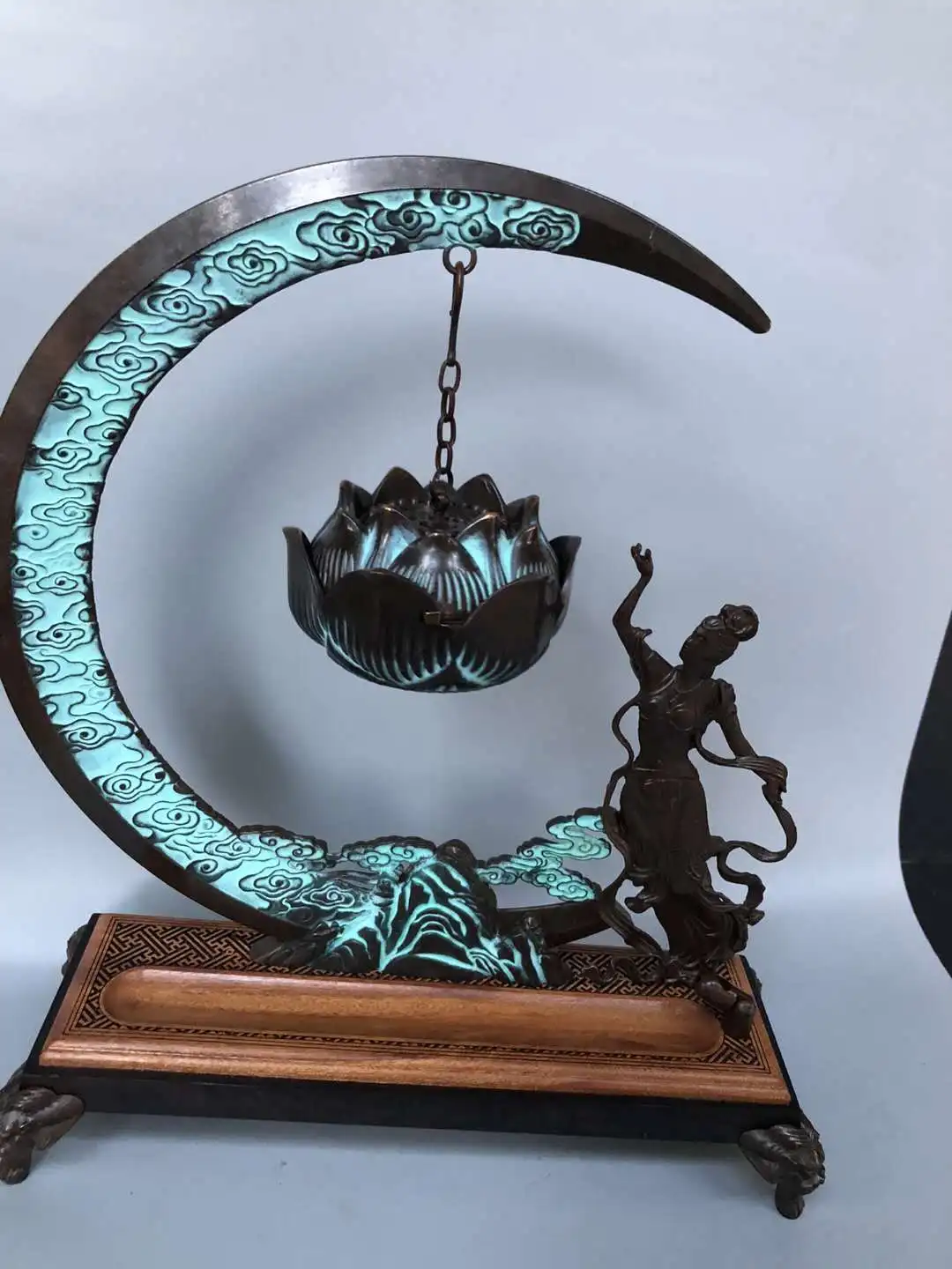 Луна китайская старая латунная горелка с ладаном Буддой Дракон Висячие