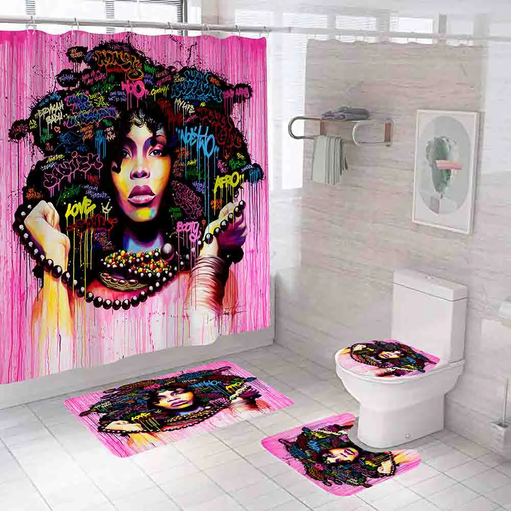 Комплект занавески для душа в афроамериканском стиле с граффити девушек и женщин