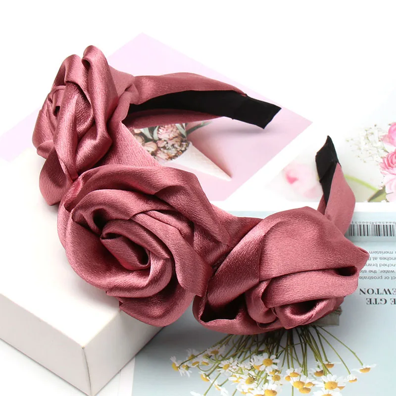 Pink (Satin) Однотонный Шифоновый Цветок Розы ободки для женщин девушек элегантные повязки для волос невесты женские аксессуары для волос вечерние праздничные волосы обруч - Цвет: Pink (Satin)