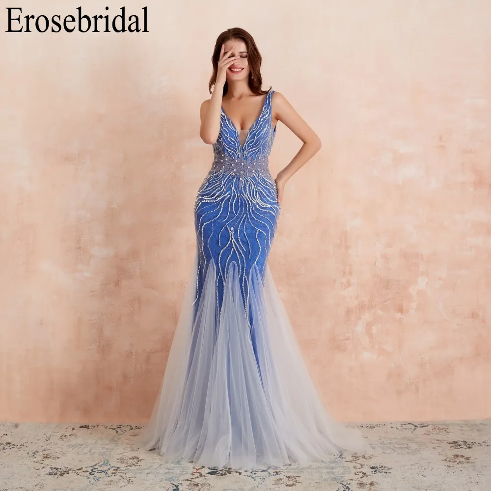 Erosebridal Русалка вечернее платье длинное светильник серый бисером роскошное длинное торжественное платье со шлейфом открытая спина