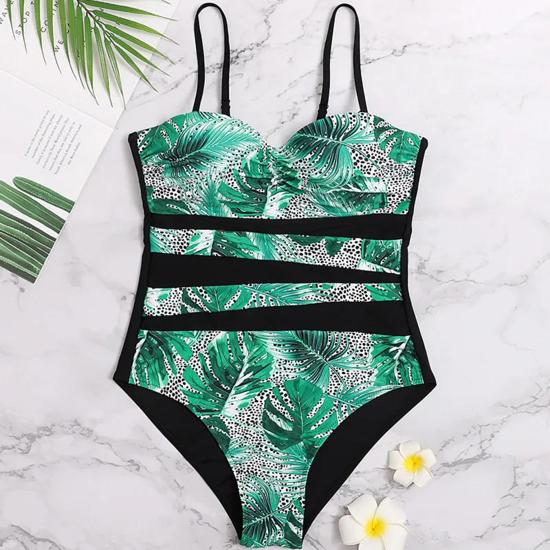 Купальник женский слитный с принтом пикантный черный купальник чашками пуш-ап