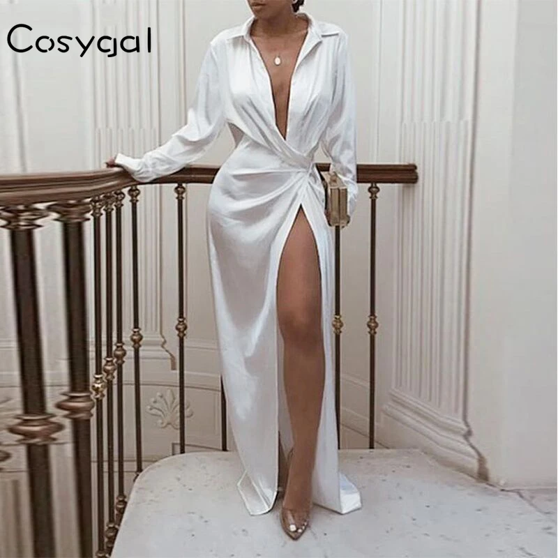 COSYGAL Боковой разрез с длинным рукавом сексуальное длинное платье на шнуровке