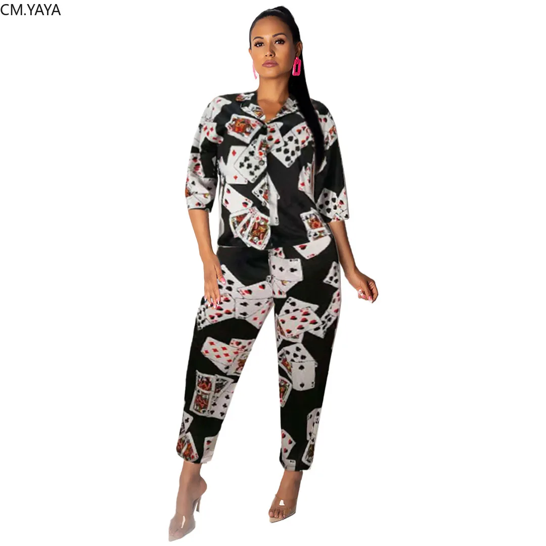 Женский черный костюм тройка с принтом покера и штаны комплект из двух предметов