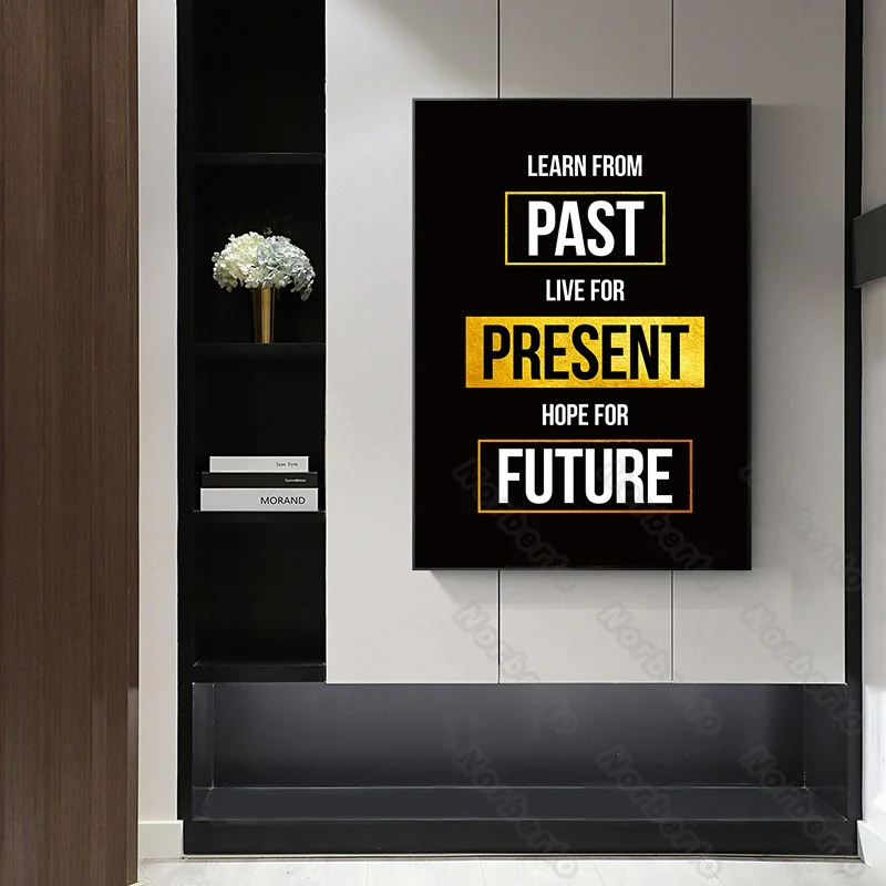 

Modern Style Canvas Painting Poster Black Background White Yellow Motivated Quotas Live for Present for Home Rooms Wall Decortio