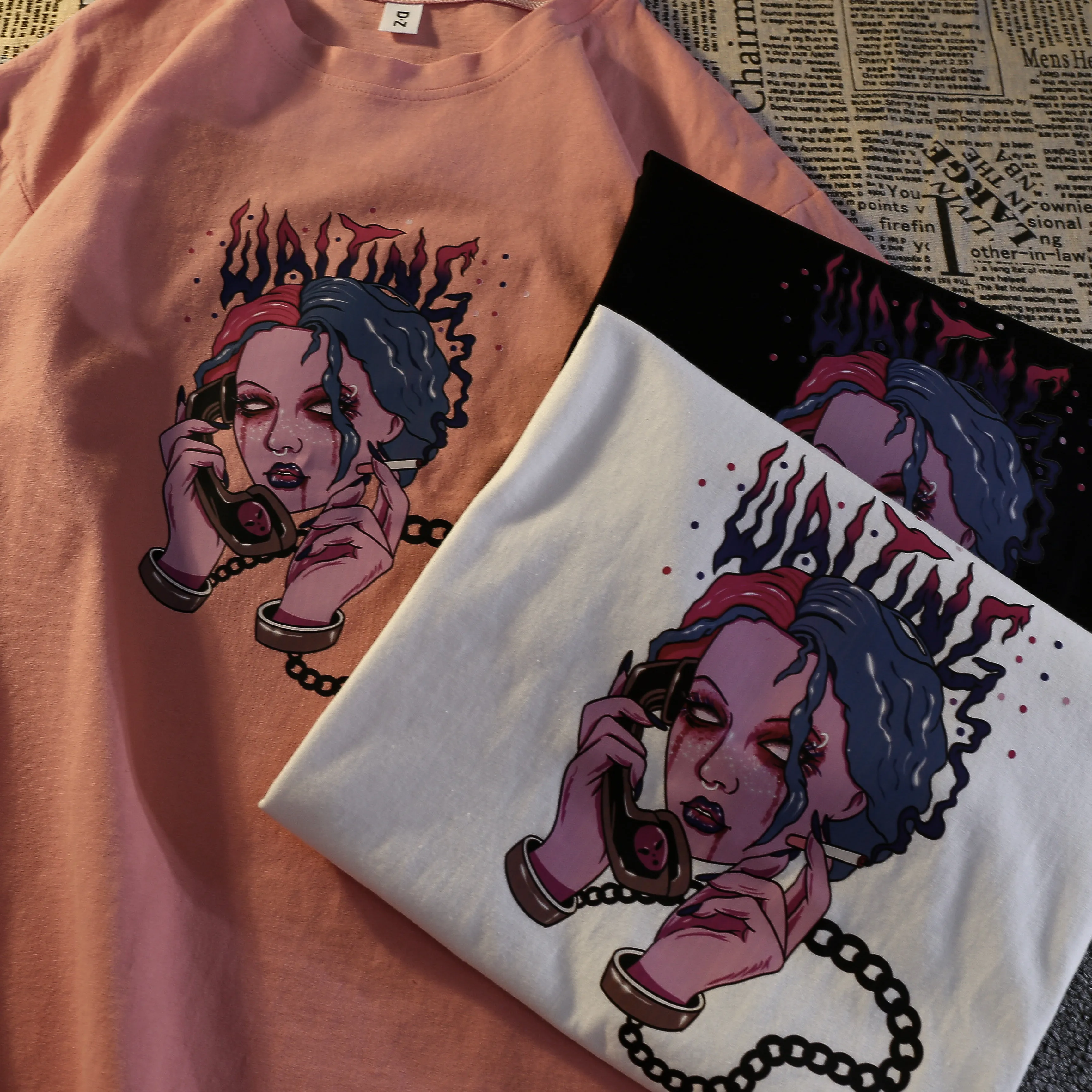 

2021 summer new short-sleeved T-shirt female cartoon print dark style loose large size wild round neck T-shirt