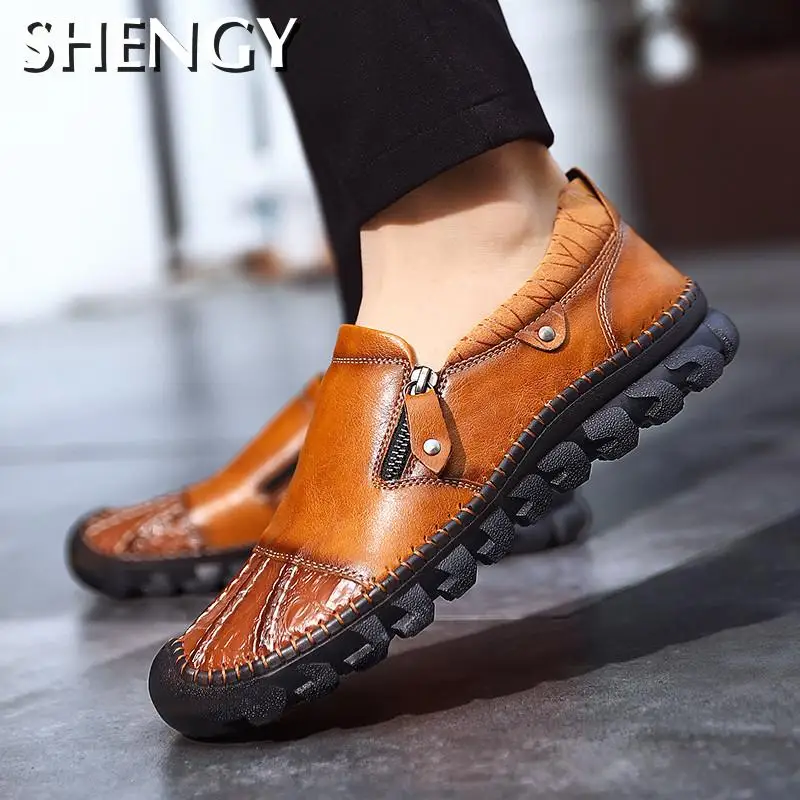 Мужские повседневные кожаные лоферы дышащие Мокасины без застежки