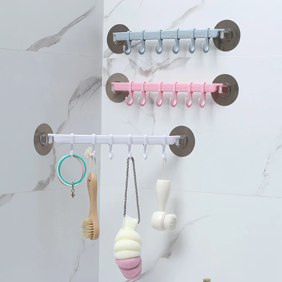 

Bathroom Towel 6 Hooks Rack Wall Hanger Space Saver Heavy Load Strong Sticker Self Paste Kitchen Hooks