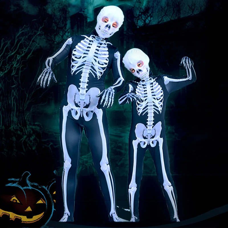 

Newly Skeleton Bone Bodysuit Halloween Costumes with Skeleton Hood Mask for Parent-Child Party Cosplay BN99