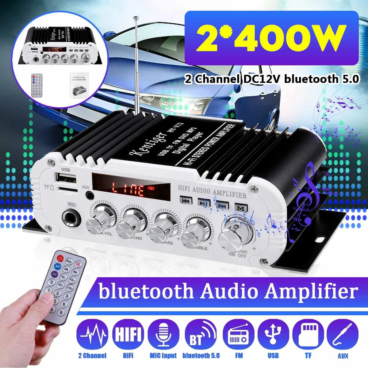 

800W 2 Channel Audio Home Digital Amplifiers Car Audio Bass Power bluetooth Amplifier Mic FM USB SD Radio for Subwoofer Speakers