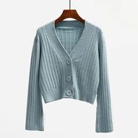 2021 vintage knitted cardigan autumn long flare sleeve short sweater women ribbed knitted cotton tops ladies soft outwear female