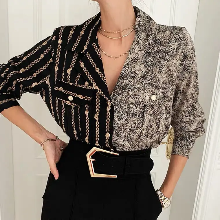 

Spring Korean chic temperament Joker lapel single-breasted asymmetrical pattern design loose long sleeve shirt top