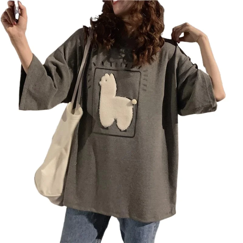 

Cartoon Alpaca Animal Printed Casual Korean Summer Short Sleeve Women Top Female T-shirts women sexy tops