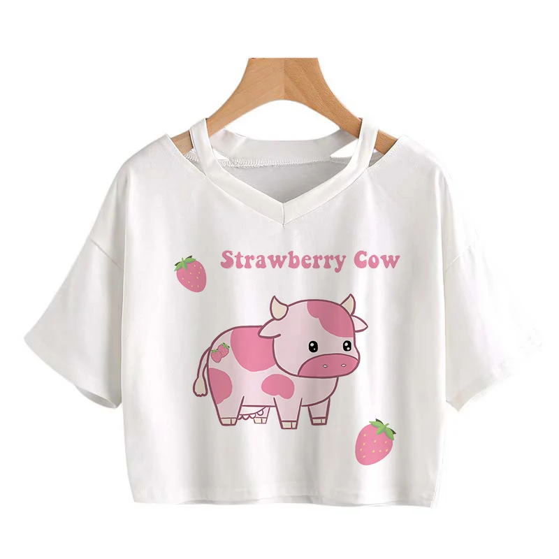Футболка женская с коротким рукавом кроп-топ клубничным принтом милая