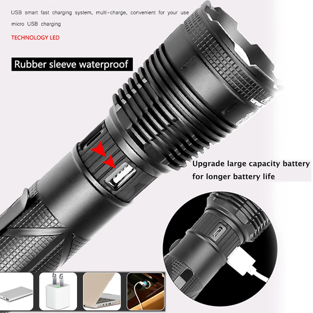 

XHP90 LED Torch Portable Led flashlight camping Ultra Bright Zoomable 5 Modes waterproof 18650 26650 battery With USB