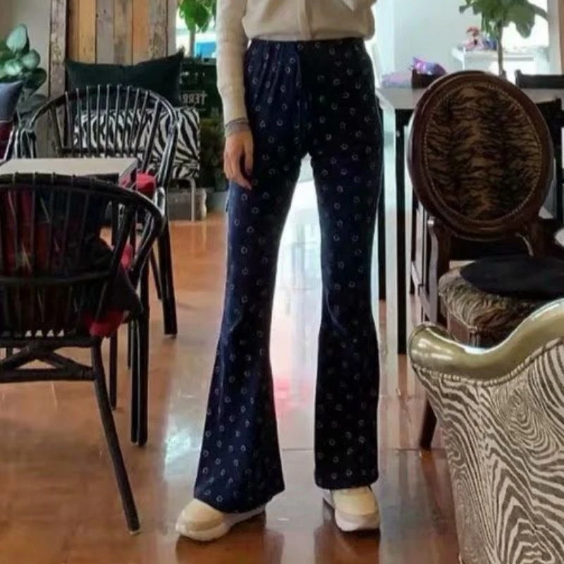 

Fashion Street Women's High Waist Elastic Pull-out Cotton Bow Tie with Smiley Print Flared Pants Casual Trousers Pants for Women