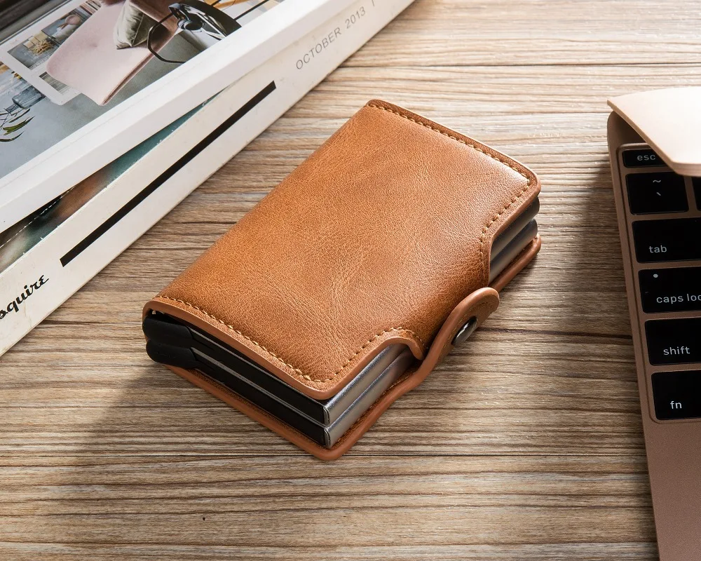 Bycobecy держатель для карт, кошелек, RFID Блокировка, двойная металлическая коробка, кредитная карта, алюминиевый кожаный чехол для визиток, кошелек, кошелек