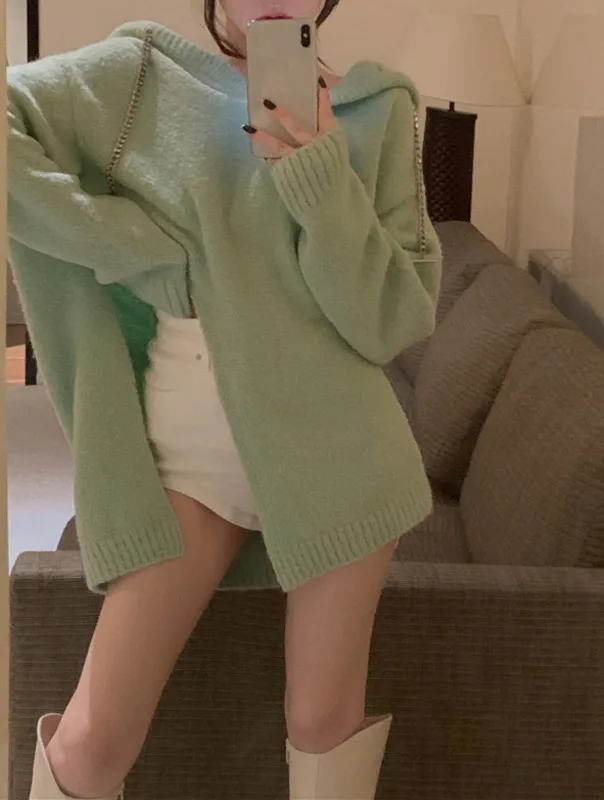 

Split hooded sweater women's clothes autumn winter lazy wind chic high sense medium long sweater coat Rachel