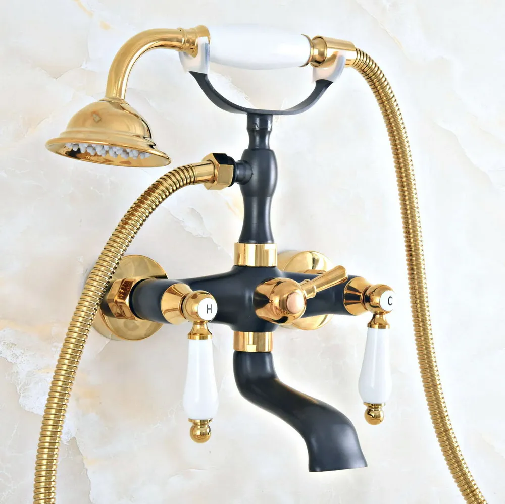 

Черный, золотой цвет, латунь, настенное крепление, кран для ванной комнаты, Двойные керамические рычаги, телефонный стиль, ручная Лейка для душа, наполнитель для ванной ana412