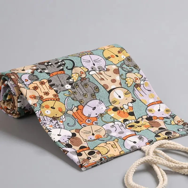 Cartoon Cat 12/24/36/48/72 Holes Canvas Roll Pen Curtain Pencil Bag Case Makeup Wrap Holder Storage Pouch School Supplies | Канцтовары