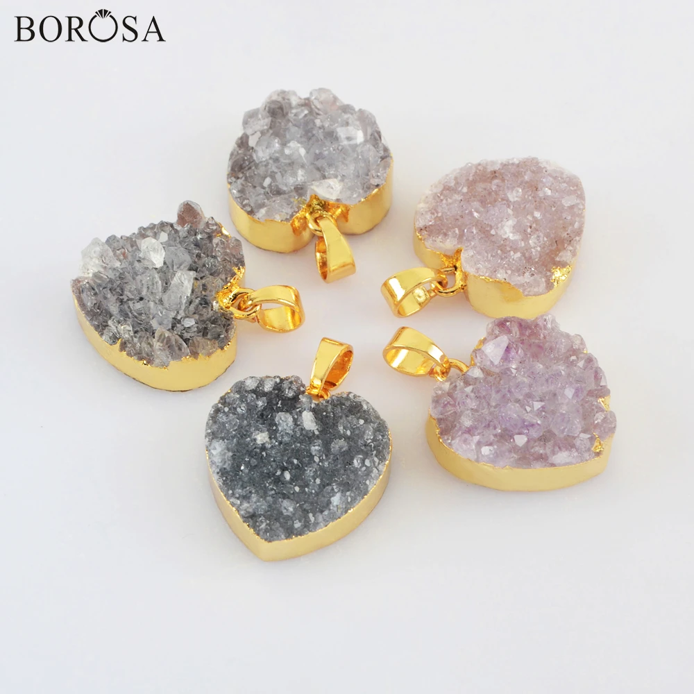 

BOROSA New Arrival Gold Heart Natural Agates Druzy Pendant Necklace, 18" Heart Druzy Necklace for Women Valentines Gift G2019